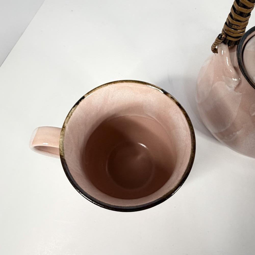 Vintage Japanese Pink Stoneware Tea Set Teapot w/ 2 Mugs Signed Base - Picture 3 of 15